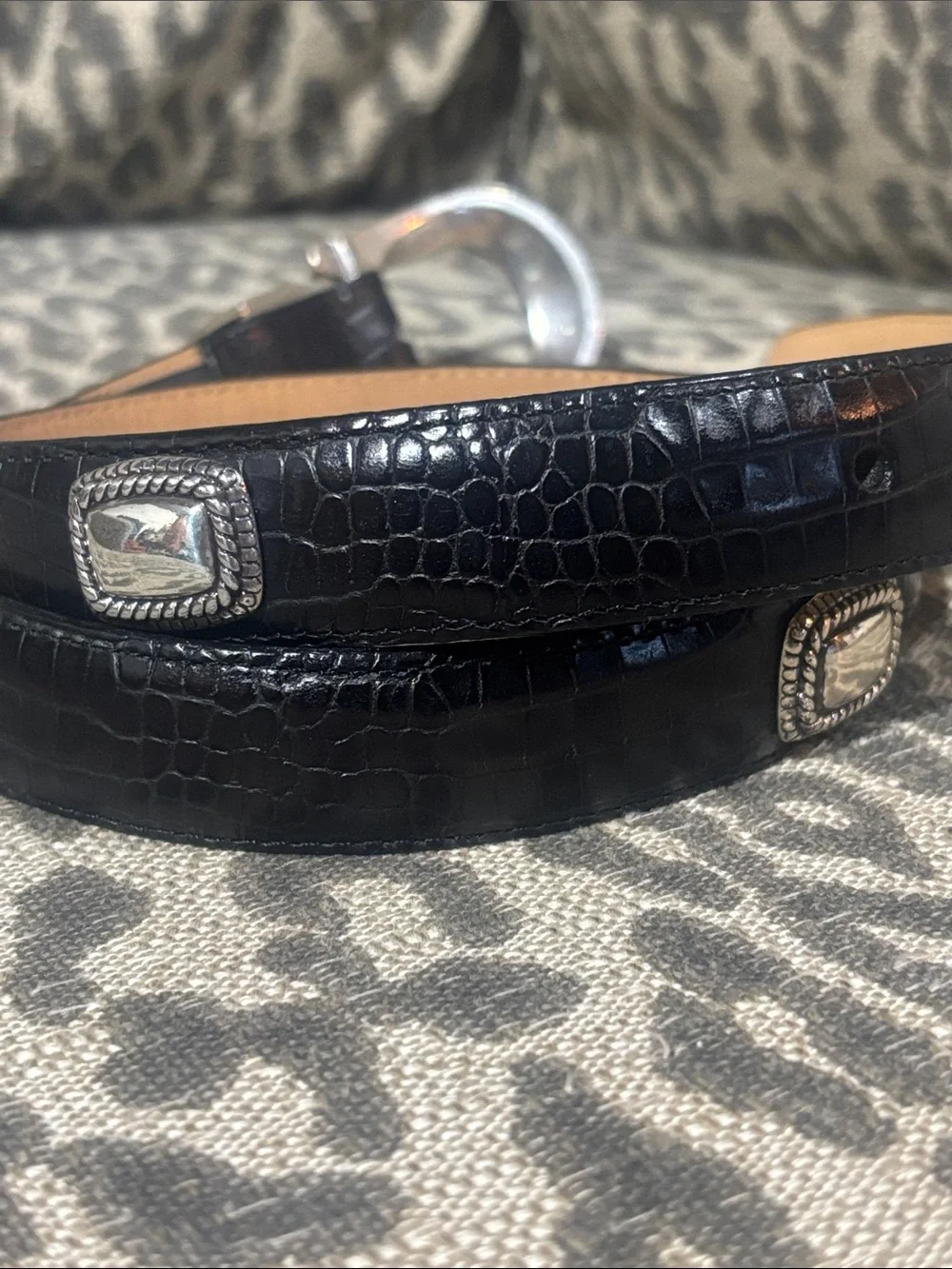 Vintage Brighton black belt embossed leather reptile snakeskin croc silver tone